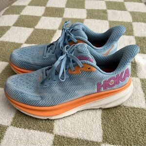 Hoka Clifton 9 Light Blue and Orange Athletic Running Shoes